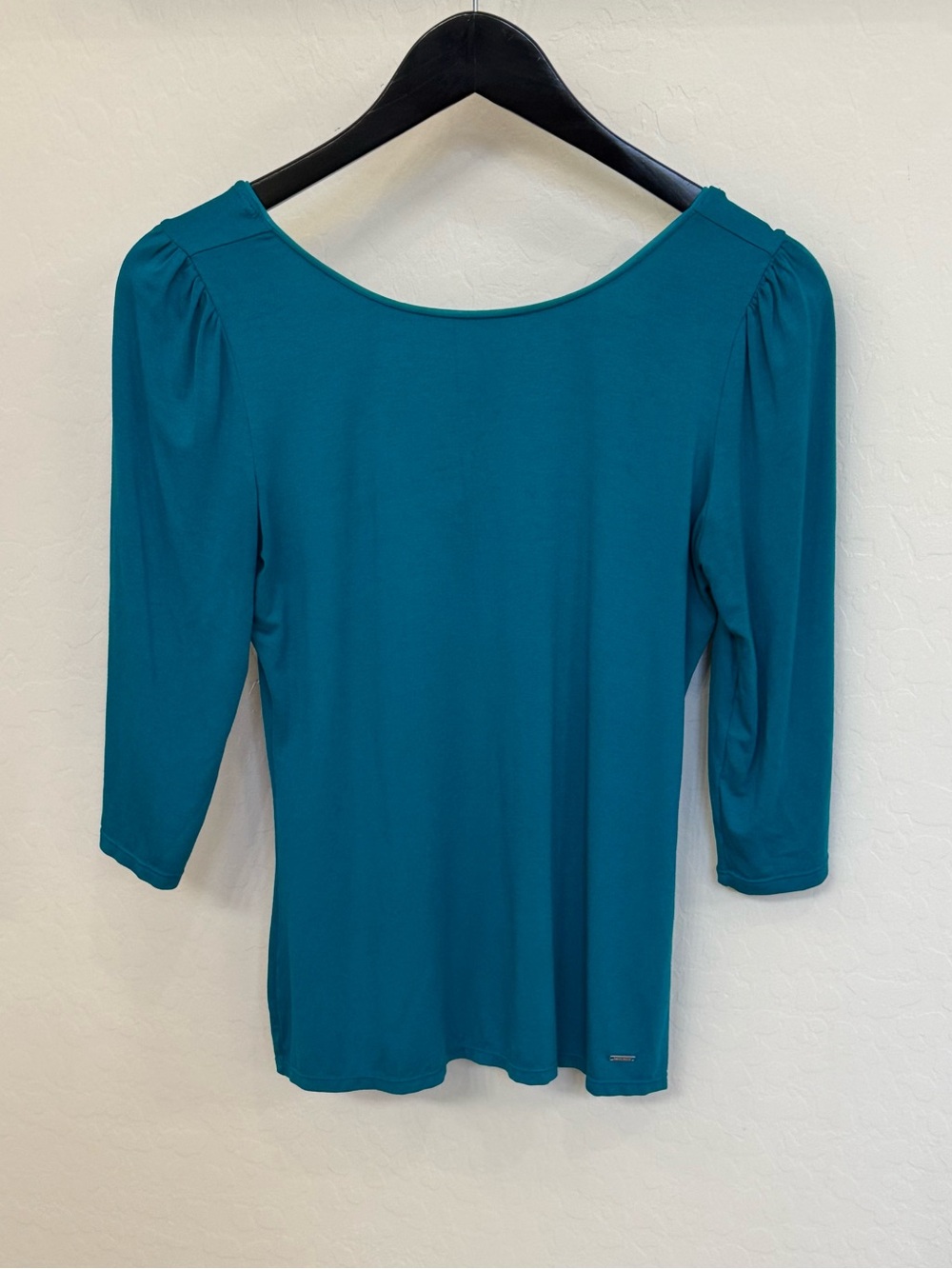 White House Black Market Teal 3/4 Sleeve Knit Top Gathered Shoulder Small